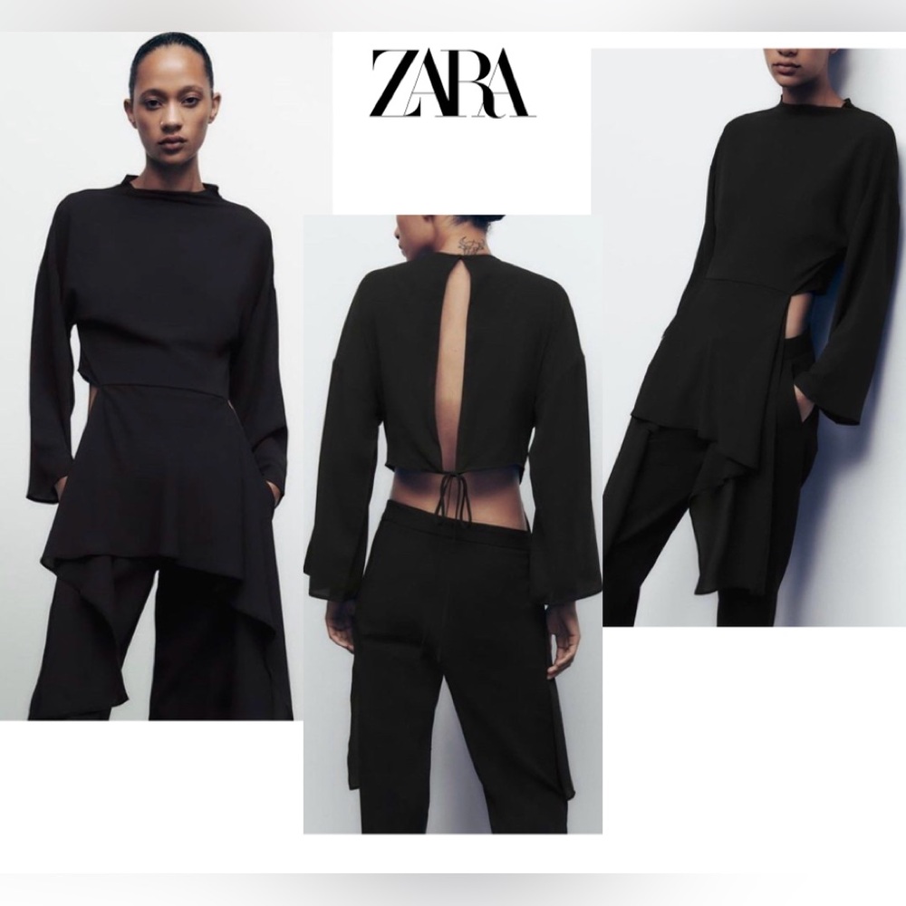 Zara Black Asymmetric Flowing Cut Out Open Back Blouse Top Tie Back NWOT